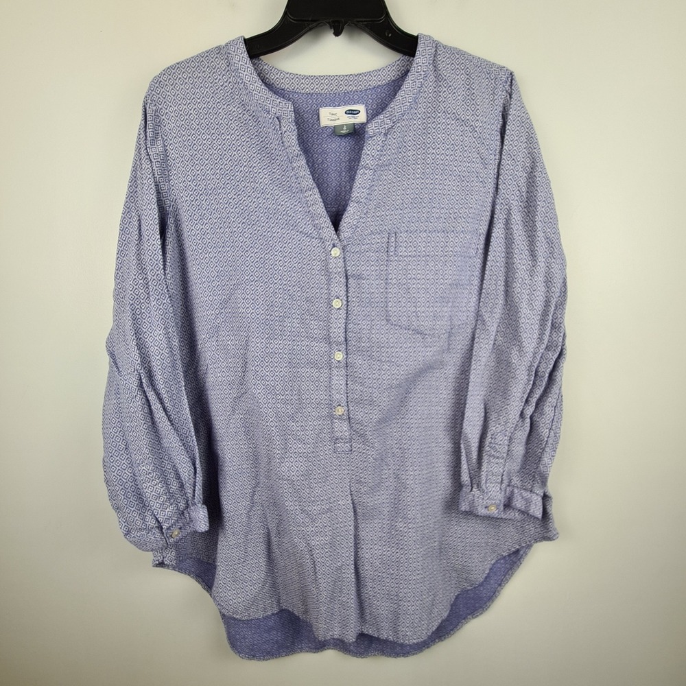 Old Navy Womens Blue Geo Cotton Tunic Popover Shirt Large Long Sleeve Top Light